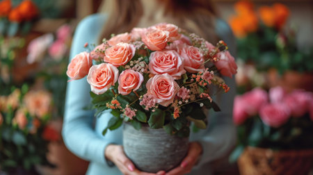 Beautiful bouquet of mixed flowers in the hands of a floristの素材
