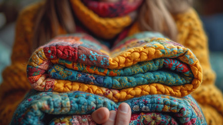 Close-up of a woman's hands in a knitted scarf.の素材