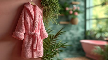 Pink bathrobe hanging on wall in bathroom, closeup. Interior designの素材