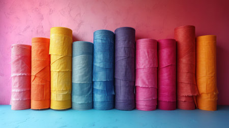 Colorful fabric rolls in a row on a blue and pink backgroundの素材
