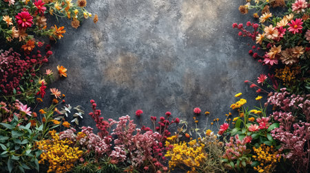 Colorful autumn flowers on concrete background. Top view with copy spaceの素材