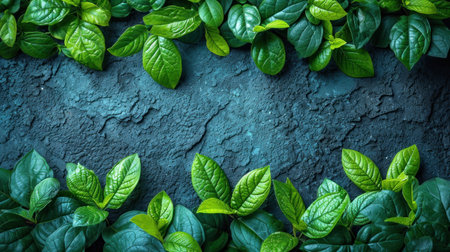 Green leaves on dark blue background with space for text. Top view.の素材