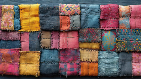 Colorful patchwork quilt on black wooden background, close upの素材