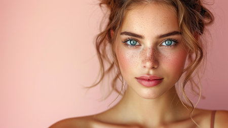 Portrait of a beautiful young woman with freckles and blue eyesの素材