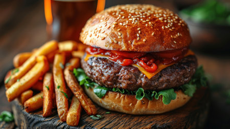 Tasty cheeseburger with french fries on cutting board, closeupの素材
