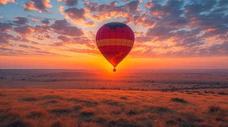 Hot air balloon flying over the field at sunset. 3d illustrationの素材