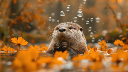 Otters swimming in the lake with autumn leaves in the backgroundの素材