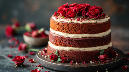 Tasty chocolate cake with red roses on dark background, closeupの素材