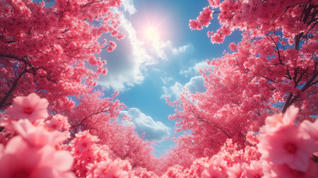 Cherry blossoms and blue sky with clouds. Spring background.の素材