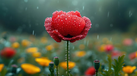 Beautiful red poppy flower in the meadow with rain drops.の素材