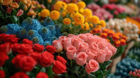 Colorful flower bouquets for sale in a flower shop.の素材