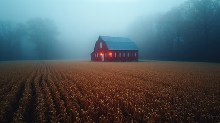 Foggy landscape with a red barn in the middle of a corn fieldの素材