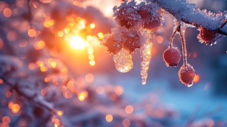 Frosty winter landscape with frozen red berries on a branch.の素材