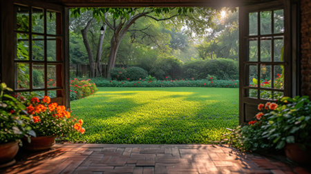 Beautiful view of garden with sun light in the morning, stock photoの素材