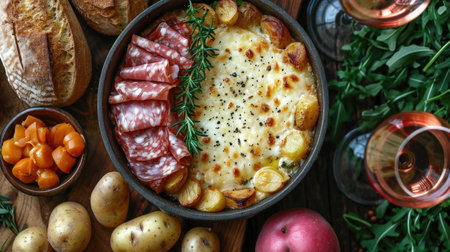 Traditional spanish tapas with salami, potatoes, tomatoes and mozzarellaの素材