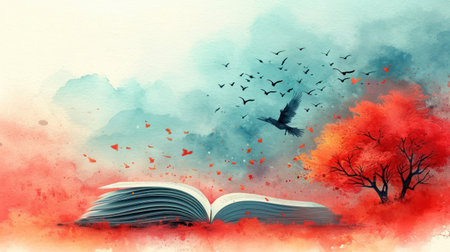 Open book with flying birds and autumn tree on watercolor background.の素材