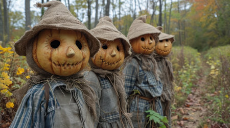 Three scarecrows in the autumn forest. Halloween. Selective focus.の素材