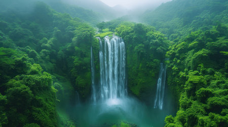 Beautiful waterfall in the green forest. Summer landscape with waterfall.の素材