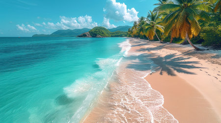 Tropical beach with palm trees and sand in Seychellesの素材