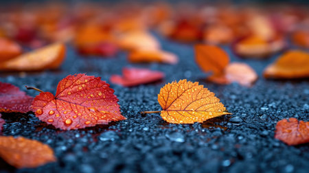 Colorful autumn leaves on wet asphalt. Selective focus with shallow depth of field.の素材