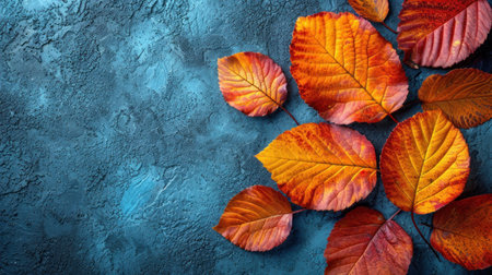 Autumn leaves on blue textured background, top view, copy spaceの素材