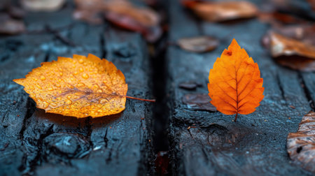 Two autumn leaves on a wooden bench in the rain, close-upの素材