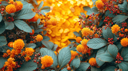 Orange marigold flowers with green leaves in the autumn garden.の素材