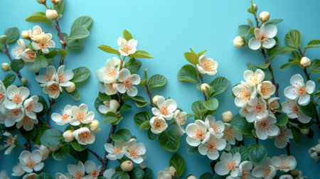 Flowering branch of jasmine on a blue background, top viewの素材