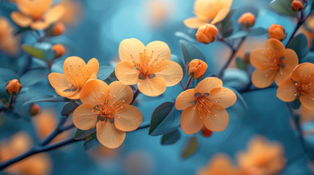 Beautiful yellow flowers on a blue background. Floral background.の素材