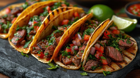 Traditional mexican tacos with beef, tomato and cilantro on black slate plateの素材