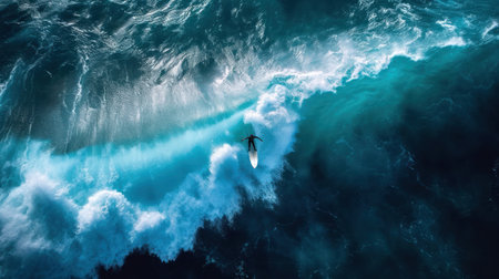 Surfer with surfboard on ocean wave. 3d render illustrationの素材