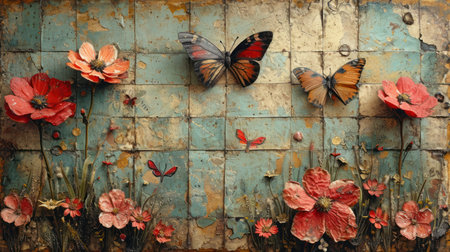 grunge wall with poppies and butterfly, abstract backgroundの素材