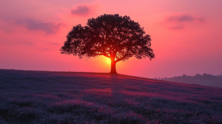 Beautiful sunset over a meadow with a tree in the foregroundの素材
