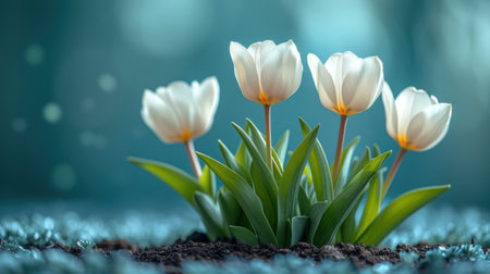 White tulips in soil on green background with bokeh effectの素材
