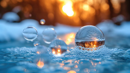 Transparent glass ball with water drops on a background of the setting sunの素材