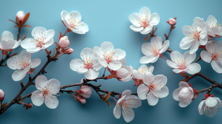 Cherry blossom branch on blue background. Floral spring backgroundの素材