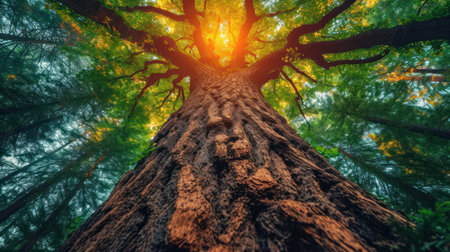 Old big tree with sunbeams in the forest. Nature backgroundの素材