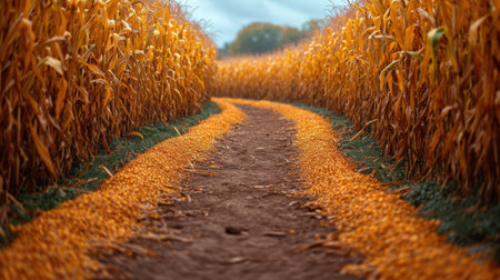 Dirt road through a corn field in autumn. Corn field in autumn.の素材