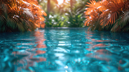 Swimming pool in tropical garden with palm leaves and sun light.の素材