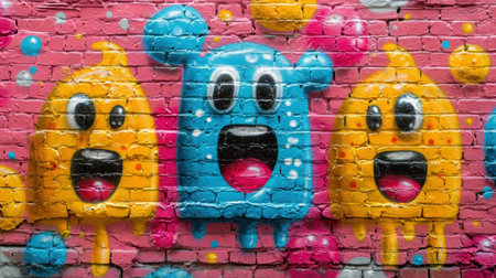 Graffiti on the wall. Colorful urban graffiti on a brick wall as a backgroundの素材