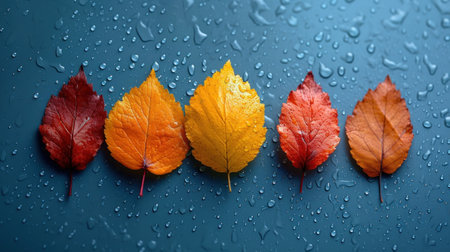 Autumn leaves with water drops on a dark background, top viewの素材