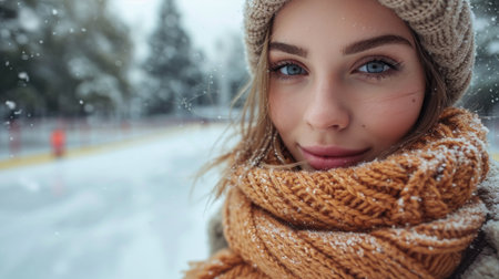 Winter portrait of a beautiful girl in a knitted hat and scarfの素材