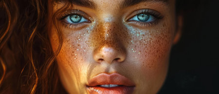 Close-up portrait of a beautiful young woman with freckles on her faceの素材