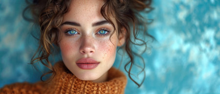 Portrait of a beautiful young woman with blue eyes and curly hairの素材