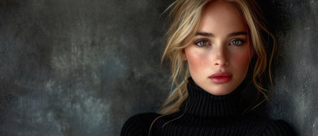 Portrait of a beautiful blonde girl in a black sweater on a dark backgroundの素材