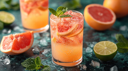 Glasses of tasty grapefruit mojito on table, closeupの素材