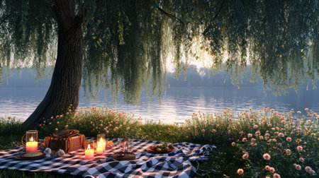 Picnic in the park by the lake at sunset. 3d renderingの素材
