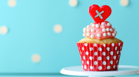 Cupcake with red heart on blue background, Valentine's day conceptの素材