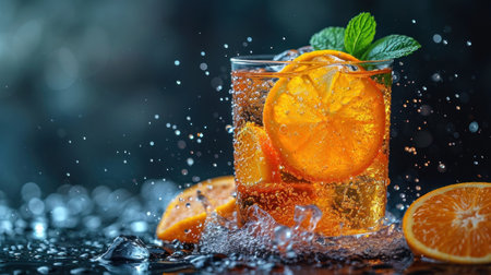 Cocktail with ice, orange and mint on a dark backgroundの素材