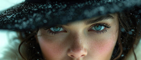 Close-up portrait of young beautiful woman in black hat with snowflakesの素材